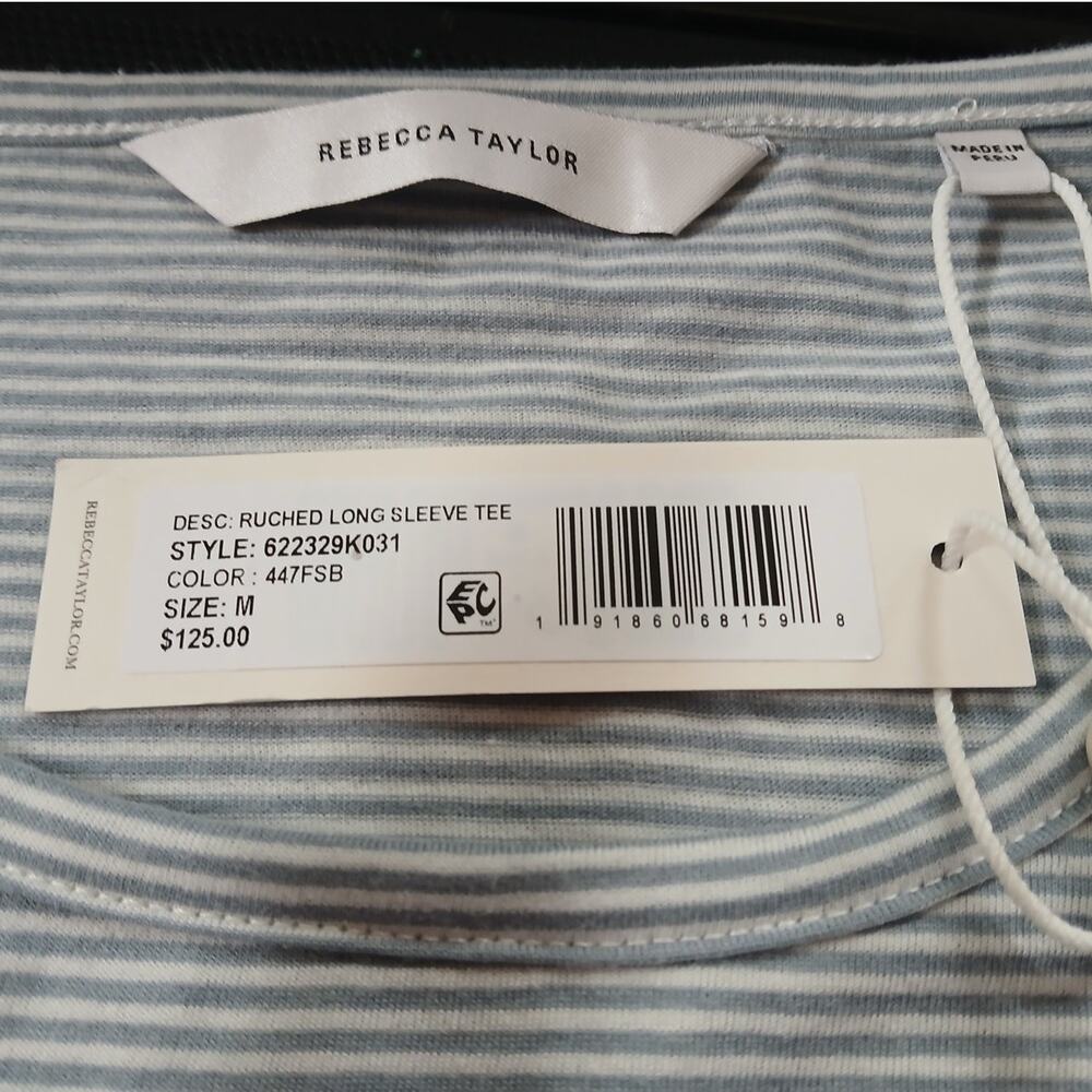 (60% OFF) NWT Rebecca Taylor Lont-Sleeve Ruched Striped Tee Shirt M MSRP $125 - Picture 2 of 8